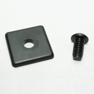 10AC7630_2__editedjpg | Faztek Industrial Solutions Square black metal plate with a central circular hole and a matching short black screw with a wide head.