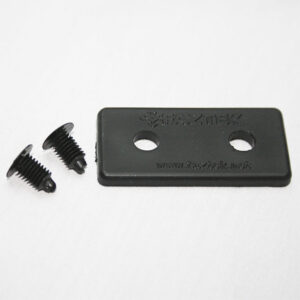 10AC7732_-_10AC7736_3__editedjpg | Faztek Industrial Solutions Two small black screws and a black rectangular plate with two holes on a white background. The plate is embossed with text.