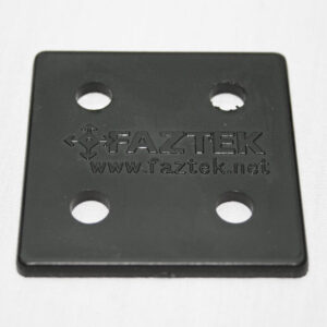 10AC7734_editedjpg | Faztek Industrial Solutions Black square plastic plate with four circular holes, embossed 'FAZTEK' and 'www.faztek.net'.
