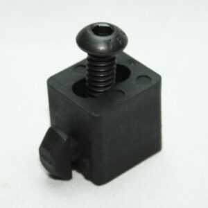 Small black plastic clamp with a vertical threaded screw and round top knob on a white surface. Notable side knob suggests it tightens a mounted object.