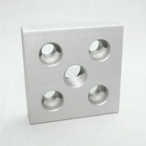 Square aluminum mounting plate with five holes: one center threaded bore and four surrounding holes for mounting.