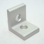 Silver metal right-angle mounting bracket with two holes (vertical and horizontal surfaces).