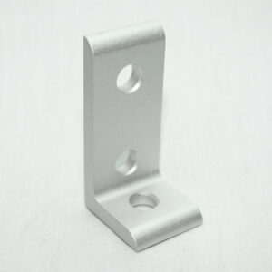 Silver metal L-bracket with three mounting holes (two on the vertical leg, one on the base) resting on a white surface.