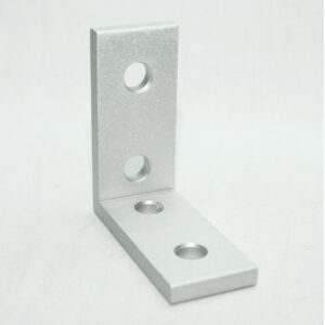 Silver L-shaped metal bracket with three circular holes, designed to join two surfaces at a right angle.