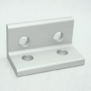 Silver metal L-shaped mounting bracket with four screw holes (two on each leg).