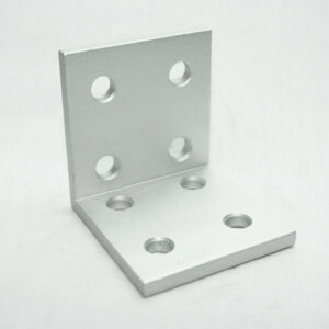 Silver metal L-shaped bracket with multiple screw holes for mounting