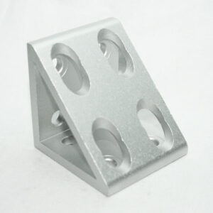 Silver aluminum L-shaped mounting bracket with four circular holes for screws on a white background.