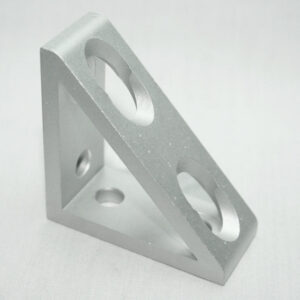 Silver metal L-bracket with two large circular holes and a bottom mounting hole, photographed on a light background.