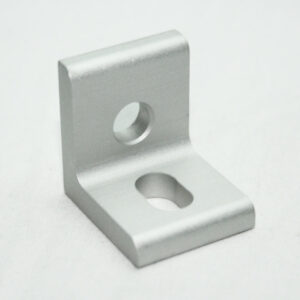 Silver metal L-shaped mounting bracket with two screw holes for attachment.