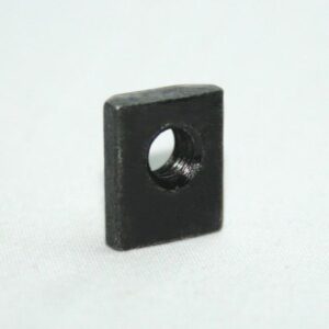 Black square nut with a threaded central hole on a white surface.