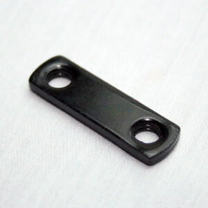 Black rectangular mounting plate with two circular screw holes at opposite ends on a white background, used to attach components.