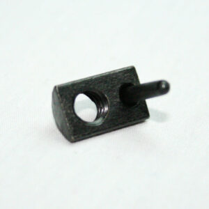 Small black rectangular mounting piece with a circular through-hole and a protruding pin.
