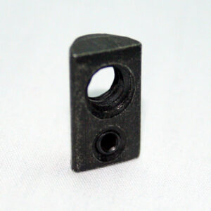 Black rectangular mounting bracket with a large top hole and a smaller bottom hole on a white surface.