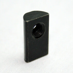 Small black rectangular plastic piece with a circular threaded hole in the center, like a spacer or nut insert.