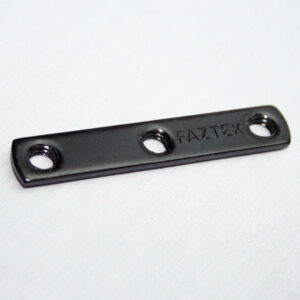Black flat metal bar with three circular holes and the word FAZTEK embossed.
