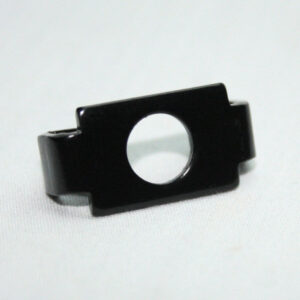 Black plastic mounting component with a central circular hole on a white background