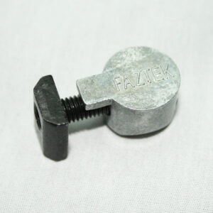 Silver metal adjustment knob with threaded bolt and black square nut; engraved 'FAZTEK' on the rounded head.