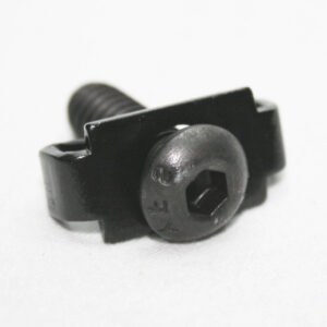 Close-up of a small black bolt with a hex socket head and a flange washer on a white surface in the foreground.