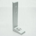 Metal L-bracket with two vertical screw holes and a base mounting hole, silver finish for mounting shelves or frames.