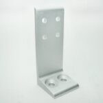 Silver metal L-shaped mounting bracket with four small holes on the vertical panel and two larger holes on the base, likely used for fastening or support in construction.