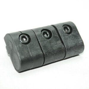 Three‑screw black plastic clamp with a segmented cylindrical body on a white background (informative close-up).