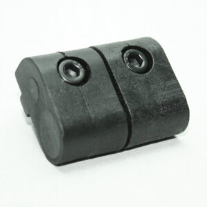 Two-piece black plastic clamp with two hex socket screws on top, resting on a white surface.
