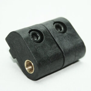 Two-piece black plastic clamp with two screws and a brass threaded insert on a white background.