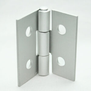 Silver metal door hinge, two leaf plates with circular holes, knuckles in the center, partially open.