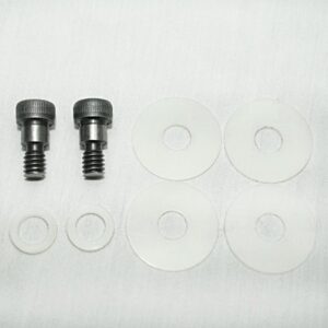 Two metal screws with ridged heads beside five white circular washers with central holes on a white background.