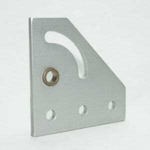 Silver metal L-shaped mounting bracket with a large curved slot and four mounting holes (one bronze-lined)