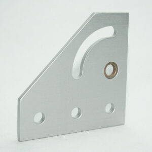 Silver L-shaped metal bracket with a white curved slot and three circular holes along the base, likely a mounting/adapter plate.