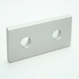 Aluminum rectangular plate with two circular holes on a white background.