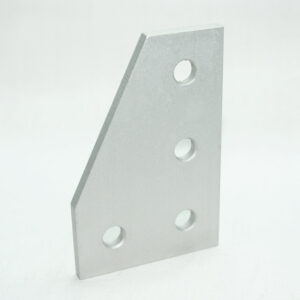 Silver metal L-shaped mounting bracket with four circular holes on its face, photographed against a light background.