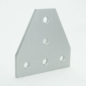 Light gray metal trapezoid-shaped plate with five circular holes arranged in a row near the base.