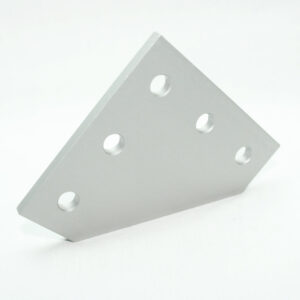 Silver triangular metal plate with five evenly spaced circular holes, angled against a white background.