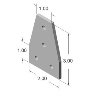 Isometric view of a gray slanted plate with five circular through-holes; dimensions show 2 wide, 3 tall, and 1 thick.