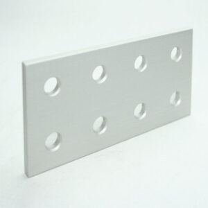 10JP4208_2__editedjpg | Faztek Industrial Solutions Metal rectangular perforated plate with eight circular holes set on a white background, viewed at an angle.
