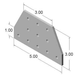 10JP4210jpg | Faztek Industrial Solutions Isometric view of a gray perforated trapezoidal plate with twelve circular holes; dimensions shown include base length 5 units, right height 3 units, top length 3 units, and left thickness 1 unit.