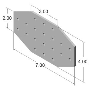 10JP4211jpg | Faztek Industrial Solutions Isometric view of a gray perforated plate with multiple circular holes and beveled ends; dimensions labeled length 7 units, left height 2 units, right height 4 units, top width 3 units.