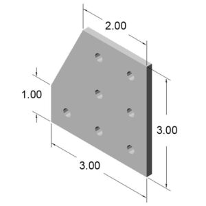 10JP4220jpg | Faztek Industrial Solutions Isometric view of a gray rectangular plate with a curved top edge and seven through holes, with dimensions 3.00 by 3.00 and thickness 1.00.