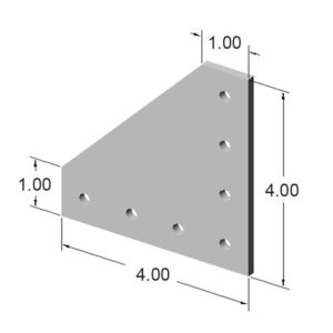 10JP4226jpg | Faztek Industrial Solutions Isometric view of a right triangular metal plate 4 in by 4 in by 1 in thick, with multiple through-holes arranged in a staggered pattern along the faces.