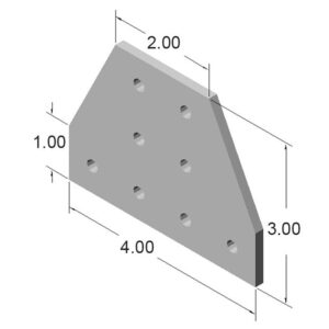 10JP4227jpg | Faztek Industrial Solutions Isometric view of a gray trapezoidal plate with multiple circular holes; dimensions shown: base 4, left height 1, top width 2, right height 3.