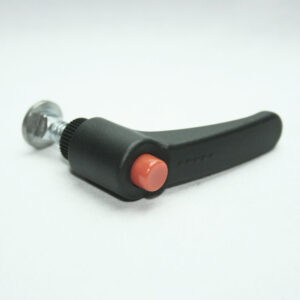 Camera shutter release button with orange top and black lever on a metal screw base (camera accessory).