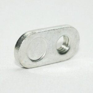 Small silver metal mounting plate with rounded ends, featuring a threaded hole on one side and a raised circular boss on the other.