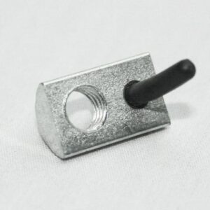 Small silver metal block with a threaded circular hole and a black plastic pin protruding from the side.