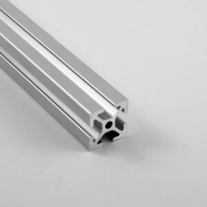Silver aluminum T-slot extrusion rail with cross-shaped interior channels for modular framing and mounting systems