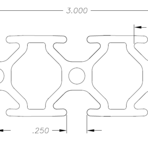 Technical drawing of a modular interlocking extrusion profile with round holes and rounded channels, showing a repeating unit along a 3.000 length and dimension lines for hole size Ø0.201, overall height 1.000, and key spacings (0.500, 0.250, 0.584, 0.233, 0.087).