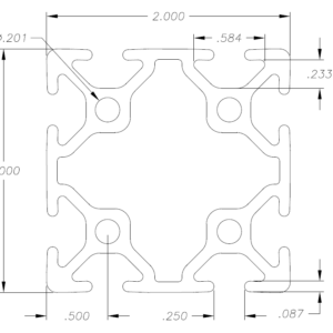 Symmetric extruded aluminum profile with circular holes and internal slots, shown with overall width/height of 2.000 and several flange gaps and radii labeled.