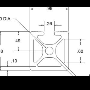 CAD drawing of a square plate with a central bore and curved interior cutouts; dimension notes show 0.98 in width and 0.60 in height, among others.