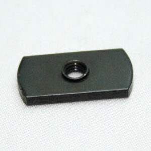 Black rectangular plastic mounting plate with a centered threaded hole, placed on a light background.